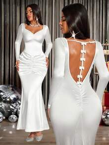 INAWLY Women's Elegant Sexy Satin Backless Bow Decor Long Sleeve Maxi Dress, Suitable For Party, Spring/Autumn - White - View 2
