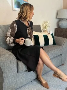 Vivie Lora 女式蝴蝶结系带拼接中长连衣裙 - 黑色 - 查看 6