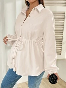 SHEIN 孕妇纯色落肩长袖单排扣抽绳腰休闲哺乳上衣 - 卡其色 - 查看 6