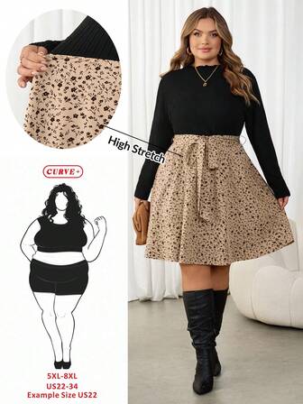 SHEIN CURVE+ 大码女式花卉印花立领带、腰带、下装和上装双色 A 字印花连衣裙