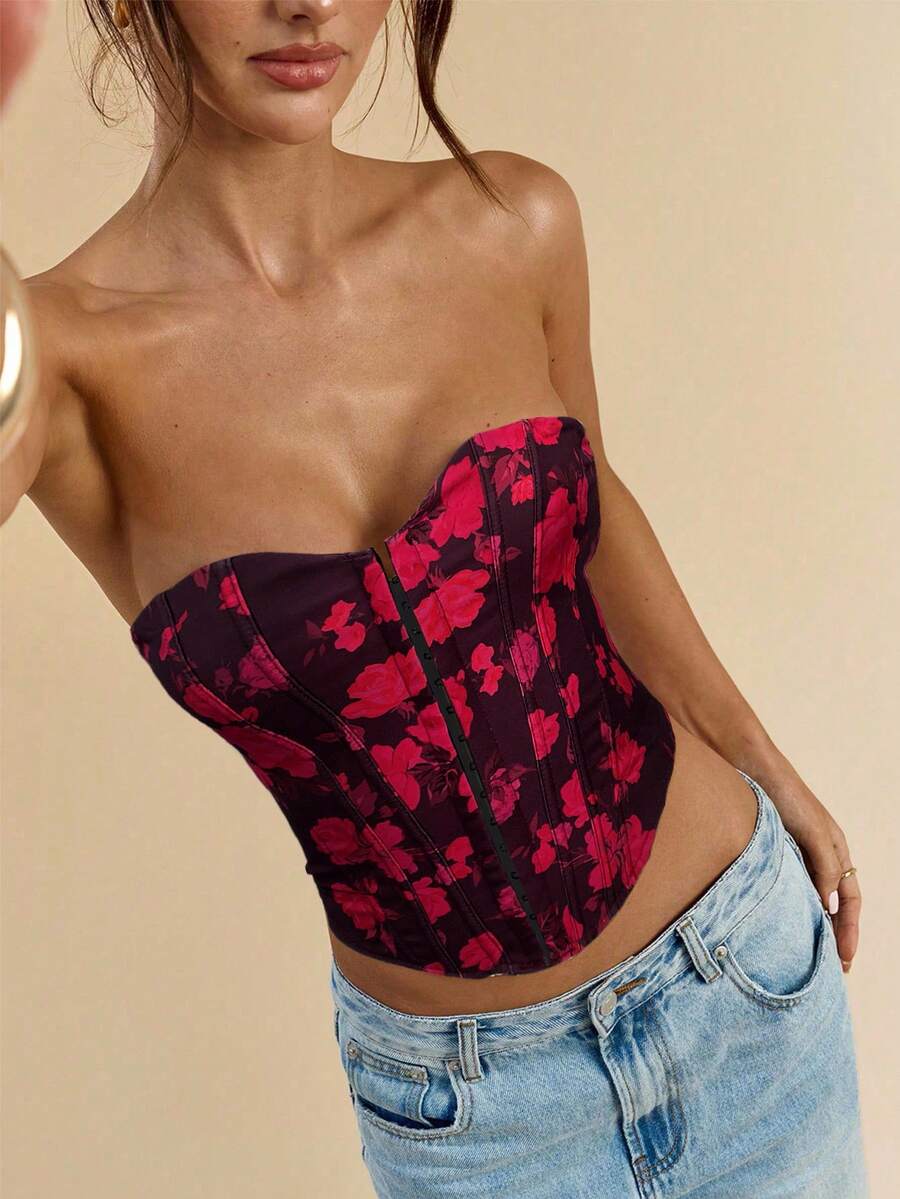 SHEIN BAE Áo bandeau in hoa thanh lịch dành cho nữ, mùa hè - Màu Hoa hồng đỏ - Xem 1