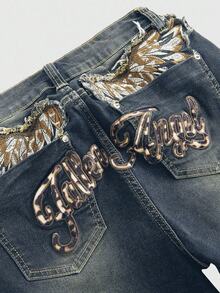 ROMWE J-Fashion 女士Y2K豹纹翅膀图案复古风口袋低腰喇叭牛仔裤 - 藍色 - 查看 3