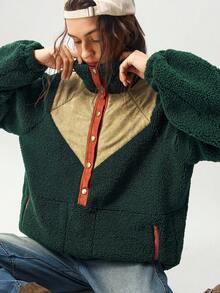 Bohemela Autumn/Winter Women's Vintage Women's Casual Loose Green Colorblock Patchwork High Neck Half Button Up Teddy Sweatshirt, Western Country Style Concert Vacation, Suitable For Vacation & Daily Wear & Back To School, Halloween , Christmas - Multicolor - View 3