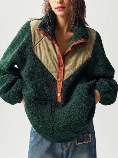 Bohemela Sudadera de mujer estilo vintage con cuello alto, abotonadura media y parches de colores en verde, estilo country occidental, adecuada para vacaciones, uso diario, vuelta al colegio, Halloween y Navidad