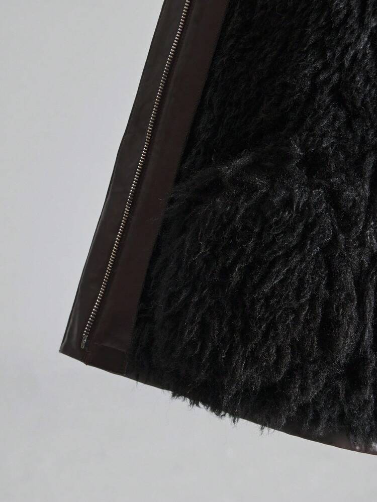 Women's Dark Brown Zip-Up Long Sleeve Faux Fur Coats,Winter Elegant Date Modern Urban Office Wear Old Money Style High-End PU Velvet Vintage Jacket