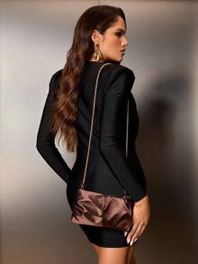 CUCCOO SZL 1pc Women's Fashion Evening Party Small Purse, Silk Satin Pleated Texture Small Square Shoulder Bag - Coffee Brown - View 2