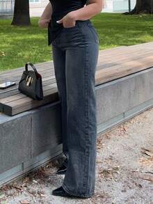 Jeta Ari 女士寬鬆休閒丹寧寬腿褲，附口袋 - 深色水洗藍 - 查看 3