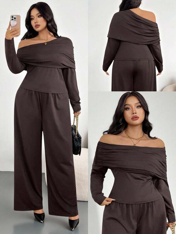 Firerie New Elegant Minimalist Daily Casual Commute Fashion Versatile Brown Asymmetrical Shoulder Long Sleeve Fitted T-Shirt & Relaxed Straight Leg Stretchy Knit Pants Set, Autumn/Winter, Back To School Plus Size 2 Pieces Outfit, Fall Women Clothes, Old Money Style, Airport Outfit Off Shoulder Two Pieces Pants Set Women Two Pieces Pants Set Long Sleeve Two Pieces Set Brown Two Pieces Set Women Brown Off The Shoulder Two Pieces Set Off Shoulder Two Pieces Set