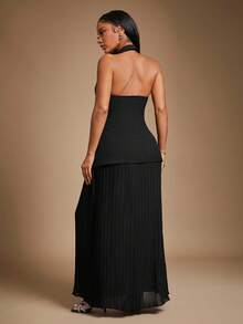 Radiana Bộ vest đen thanh lịch dành cho nữ, áo vest không tay + chân váy maxi xếp ly bằng vải voan 2 mảnh, trang phục công sở thời trang cho văn phòng, đi làm, hẹn hò, tiệc tùng, những dịp trang trọng - màu đen - Xem 3