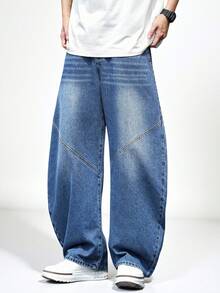 SHEIN Teenage (Male) Apocket American Design Cat Claw Pattern Mid-Blue Washed Baggy Loose Fit Distressed Straight Leg Jeans, Relaxed Silhouette, Suitable For Casual Wear, Street Style, All Seasons Chic Outfits For Autumn/Winter - Medium Wash - View 1