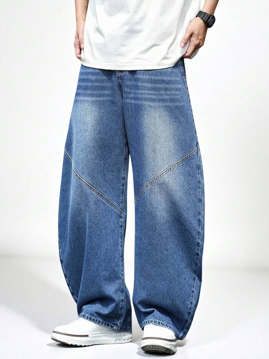 SHEIN Teenage (Male) Apocket American Design Cat Claw Pattern Mid-Blue Washed Baggy Loose Fit Distressed Straight Leg Jeans, Relaxed Silhouette, Suitable For Casual Wear, Street Style, All Seasons Chic Outfits For Autumn/Winter - Medium Wash - View 1