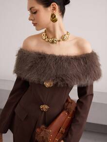 Modelyn 女士时尚通勤毛茸茸拼布露肩上衣和半身裙两件套 - 棕色 - 查看 1