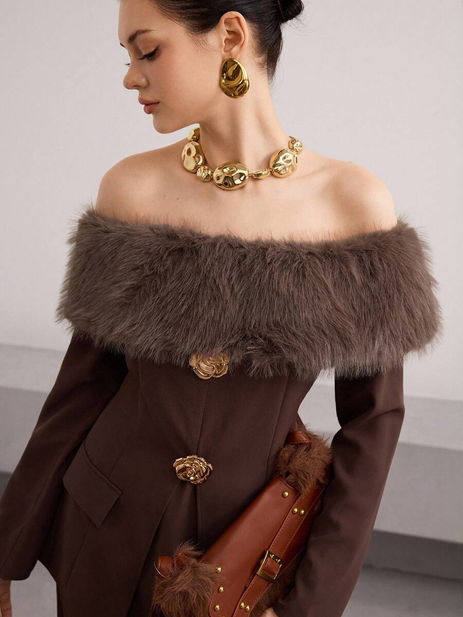 Modelyn 女士时尚通勤毛茸茸拼布露肩上衣和半身裙两件套 - 棕色 - 查看 1