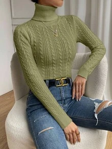 EMERY ROSE Casual Solid Color Turtleneck Sweater, Autumn/Winter - Army Green - View 4
