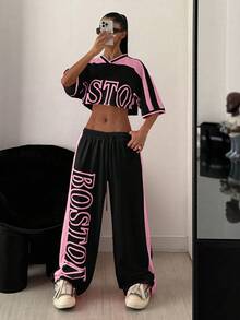 StreetHx 2pcs Women Printed Contrast Color Cropped Top + Sweatpants Set - Multicolor - View 6
