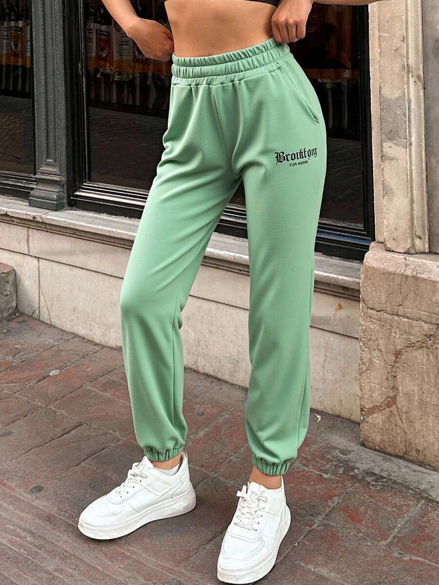 EURMUSE Elastic Waist & Cuffs Joggers With Printed Pattern - Cadet Blue - View 1