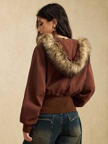 Easelle Vintage Women's Solid Color Hooded Fur Collar Zip-Up Loose Casual Jacket Waist-Cinching Design Women's Winter Jacket - Coffee Brown - View 2