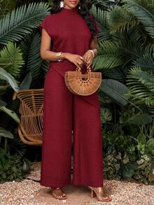 SHEIN Lady 女式纯色立领不对称下摆蝙蝠袖衬衫和阔腿裤休闲两件套 - 酒紅色 - 查看 3
