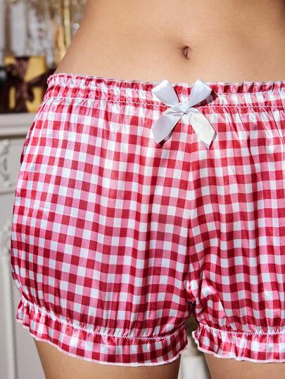 FairyFlirt 圣诞格子红色缎面荷叶边蝴蝶结紧身浪漫甜美可爱娃娃内裤