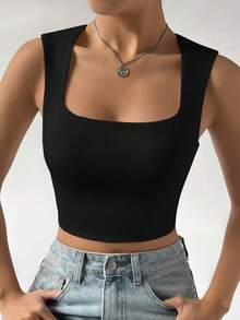 SHEIN EZwear 夏季黑色 Y2k 纯色方领短款背心 - 黑色 - 查看 3