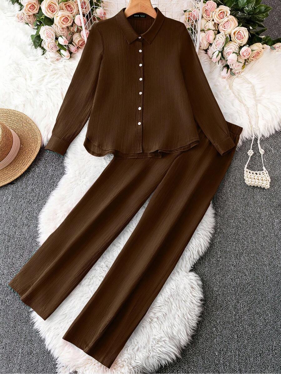 GlowEve 2 piezas Conjunto de camisa y pantalones de unicolor casual, otoño - Marrón Chocolate - Ver 1