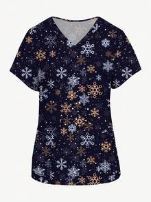 PopScrub Women's Fashion V-Neck Short Sleeve Snowflake Print Scrub Uniform Top, Summer - White - View 3