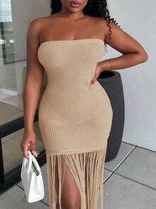 Alexandranx Vestido de ganchillo tipo body crochet para cubrir con flecos extra largos en color albaricoque, sin tirantes, para primavera y verano, ideal para vacaciones en la playa