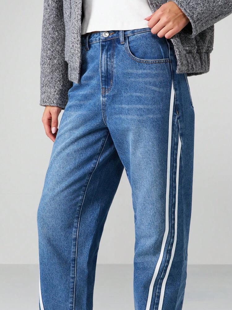 MISSGUIDED Classic High Rise Barrel Jeans With Side Stripes Straight Leg Contrast Detail Fall Winter Casual Denim