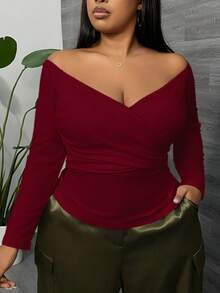 SHEIN SXY Fall Red Off-The-Shoulder Crossover Pleated Long Sleeve T-Shirt/Fall/Winter