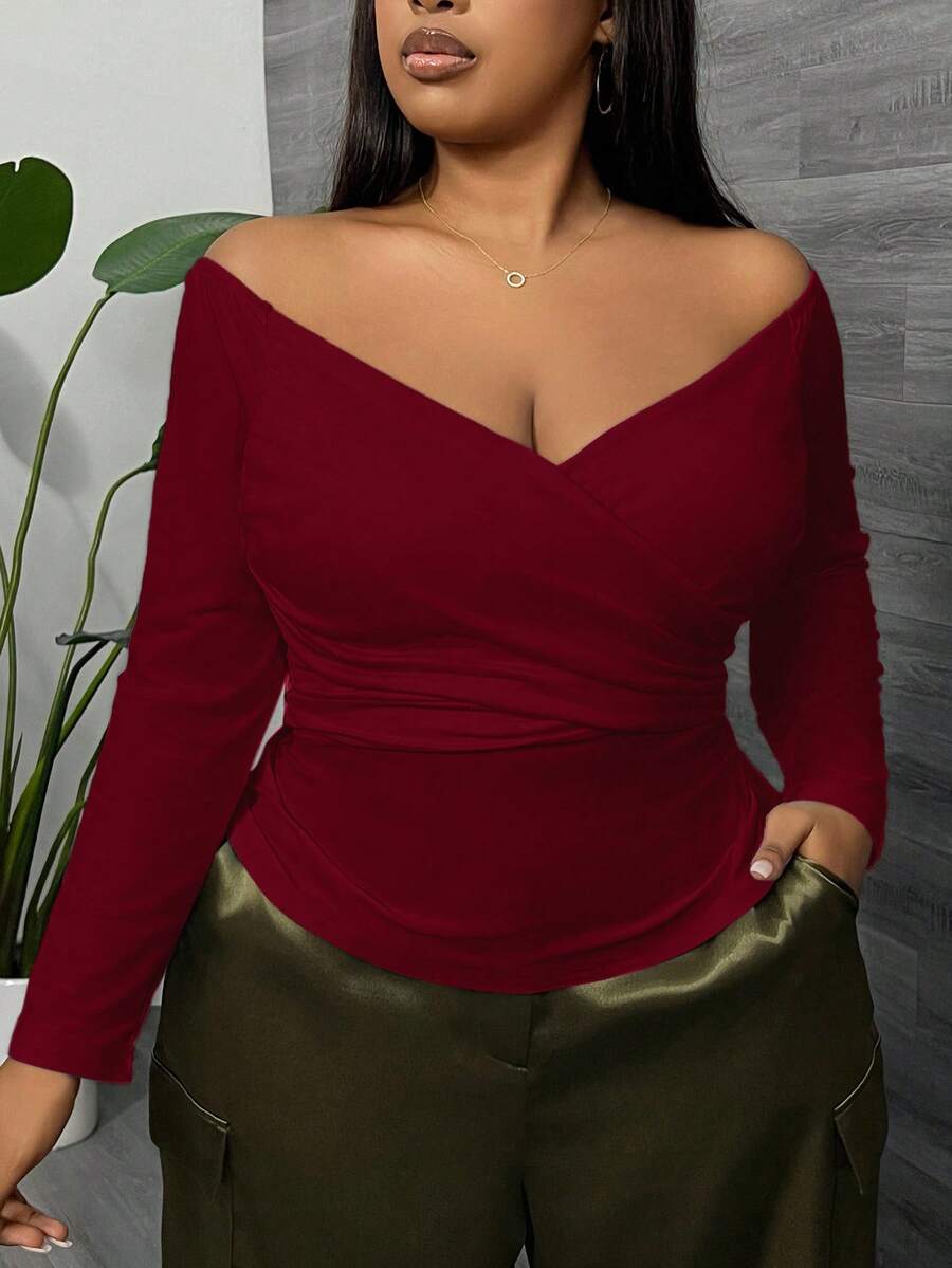 SHEIN SXY Fall Red Off-The-Shoulder Crossover Pleated Long Sleeve T-Shirt/Fall/Winter
