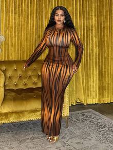 Veslaya Vestido maxi de manga larga ajustado, elegante y de talla grande con estampados de rayas marrones, geométricos, de leopardo, de animales y abstractos, con diseños elásticos, sexys y de fiesta para uso diario, vacaciones, cruceros, playa y tomar el sol. Incluye vestido de malla Cleopatra de Halloween, vestido transparente y conjunto de dos piezas de malla. - Marrón - Ver 7