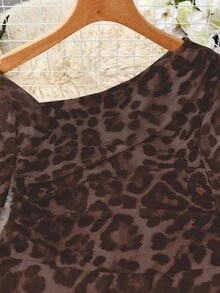 Franclia Women's Fashion Leopard Print Mesh Sheer Shoulder Long Sleeve Bodysuit Leopard Print Bodysuit - Coffee Brown - View 3