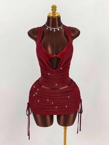 Amplova 女式闪亮亮片垂坠领短款细肩带背心和抽绳腰部紧身迷你裙性感套装 - 酒紅色 - 查看 3