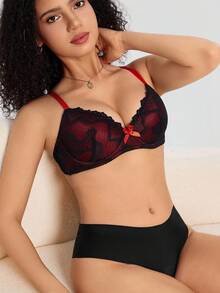 SHEIN 1 Peça Sutiã Sem Arame Sexy de Renda Transparente Simples com Sustentação e Elevação para Busto Pequeno - Multicolorido - Visão 3