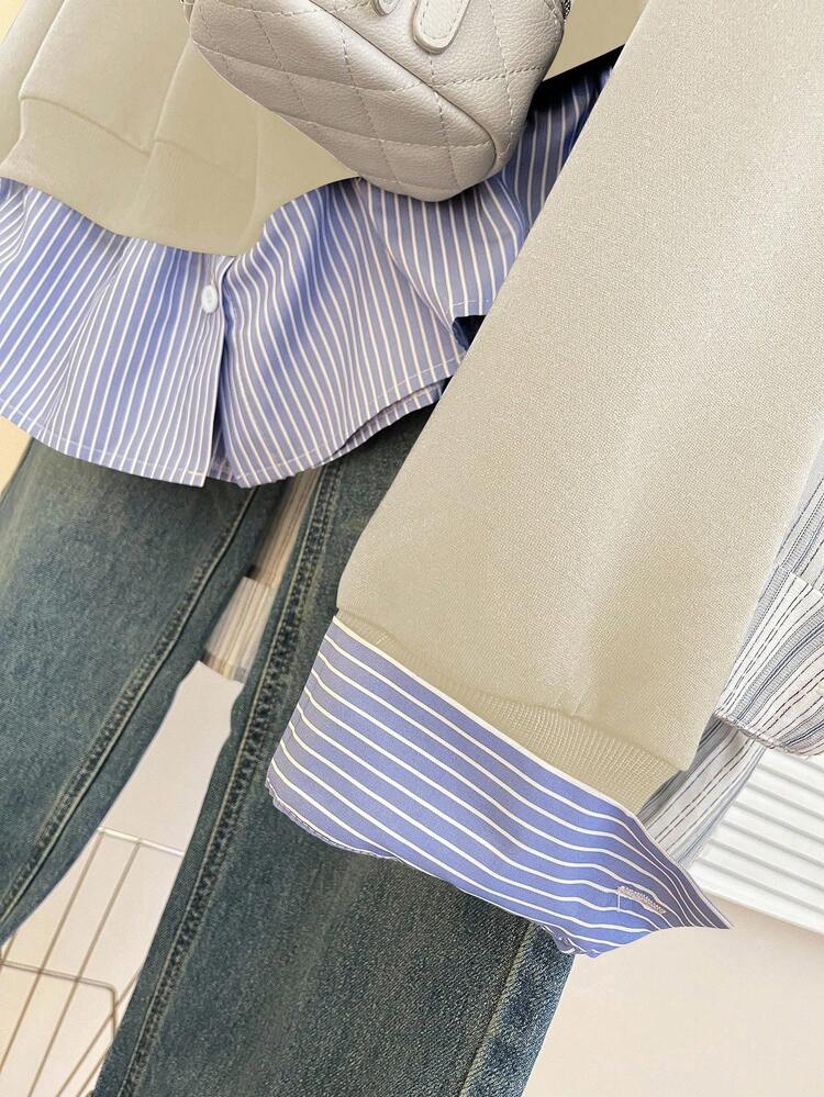 INAWLY Casual Commute Minimalist Versatile Long Sleeve Loose Fit Women Sweatshirt - Apricot - View 5