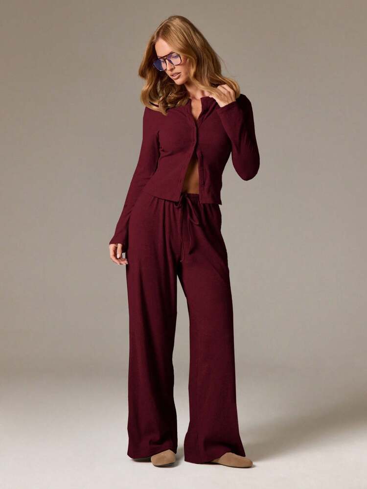 Ribbed Knit Cardigan And Wide Leg Pants Set