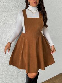 SHEIN Tall CURVE Plus Size Women Corduroy Brown Pinafore Dress, Autumn/Winter