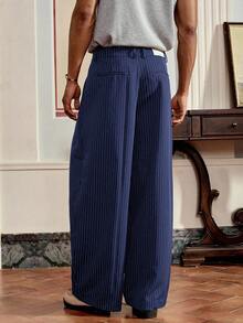 SWAVVY 男士时尚通勤条纹锥形裤 - 藏蓝色 - 查看 5