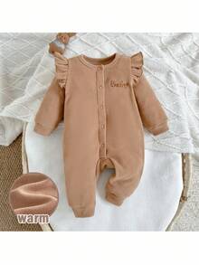 Loomiva 新生女宝宝卡通熊图案针织柔软圆领荷叶边长袖连体衣