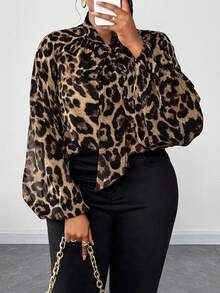 Maweii Plus Size Women Elegant Leopard Print Chiffon Fabric Front Tie Bow Collar Puff Sleeve Blouse, Fashion Design For Party, Night Date, New Autumn Long Sleeve Shirt