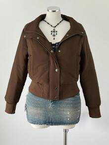 Sunspun Plus Size Stand Collar Four-Button Long Sleeve Ribbed Waist Padded Coat - Brown - View 3