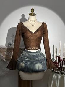 SHEIN Unity 露肩蕾丝长袖修身女式衬衫 - 棕色 - 查看 2