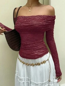 SHEIN Unity Autumn Off Shoulder Puff Ruffle Lace Fabric Sheer Long Sleeve Top - Red - View 4