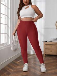 SHEIN LUNE Quần legging cạp cao màu trơn cỡ lớn cho nữ thường ngày, quần áo tập gym, đồ thể thao nữ, quần legging cạp cao cho nữ, quần legging đỏ, quần legging tập gym cho nữ, quần legging nữ - Đỏ - Xem 4