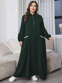 Al Najma Plus Size Casual Large Pocket Zipper Comfortable Loose Black Long Dress Maxi Women Outfit - Dark Green - View 5