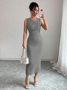 Elenzga 女士优雅时尚通勤休闲舒适迷人复古浪漫度假无袖 V 领腰部聚拢紧身纯色连衣裙 - 灰色 - 查看 3