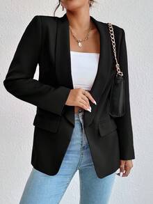 SHEIN PETITE Women's Fashionable Elegant Long Sleeve Open Front Real Pocket Blazer - Black - View 6
