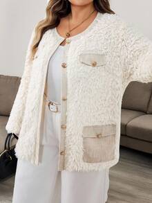 SHEIN CURVE+ 女士长袖金属纽扣蓬松圆领粗花呢口袋拼接简约保暖毛绒羔羊毛优雅大衣，冬季，保暖拉绒夹克，冬季女装，秋冬保暖长袖，法兰绒大衣，小香风保暖拉绒人造毛皮大衣，冬季女装，休闲日常穿搭，通勤，极简主义，办公室，老款，ins KOL穿搭/秋冬 - 白色 - 查看 6