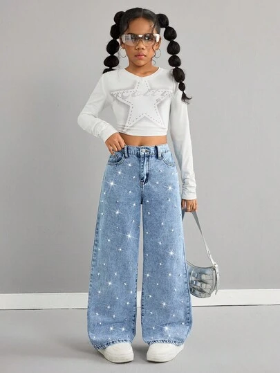 SHEIN Tween Girl Y2K Light Washed Rhinestone Embellished Pocket Wide Leg Loose Casual Jeans,Shiny Rhinestone Loose-Fitting Wide-Leg Jeans,Fall Winter Casual Jeans,Baggy Jeans Girl,Airport,Wide Leg Pants,Streetwear,Funny Jeans,Back To School,Elegant Party Bling,Christmas
