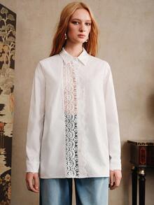 Arave 女式 100% 纯棉休闲宽松衬衫，肩部和袖子饰有花卉蕾丝花边 - 米色 - 查看 2